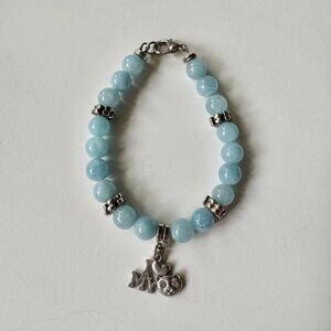 Aquamarine + Silver "I Love My Cat" Charm Beaded Bracelet - Never Worn